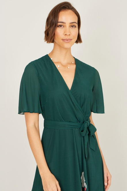 Yumi Green Mesh Wrap Midi Dress with Floral Hem Border