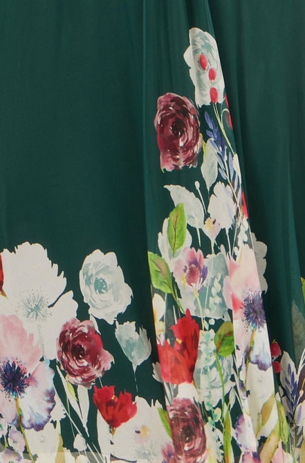 Yumi Green Mesh Wrap Midi Dress with Floral Hem Border