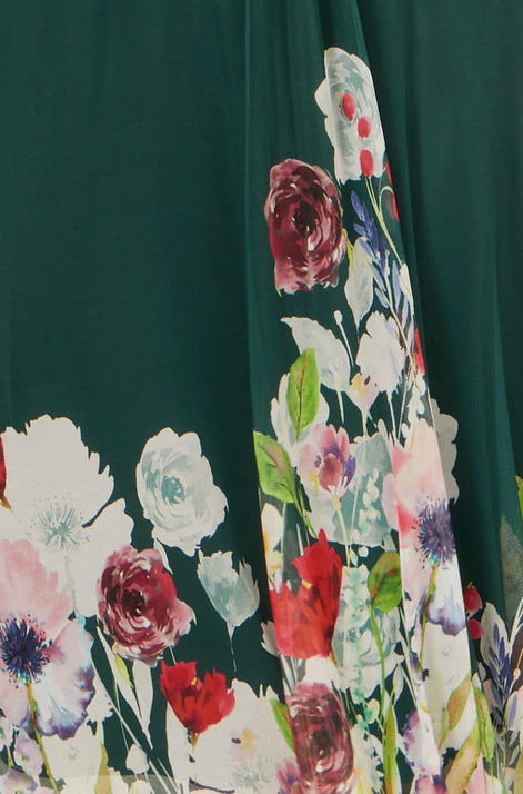 Yumi Green Mesh Wrap Midi Dress With Floral Hem Border