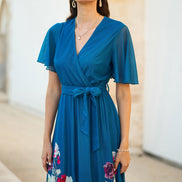 Yumi Teal Mesh Wrap Midi Dress with Floral Hem Border