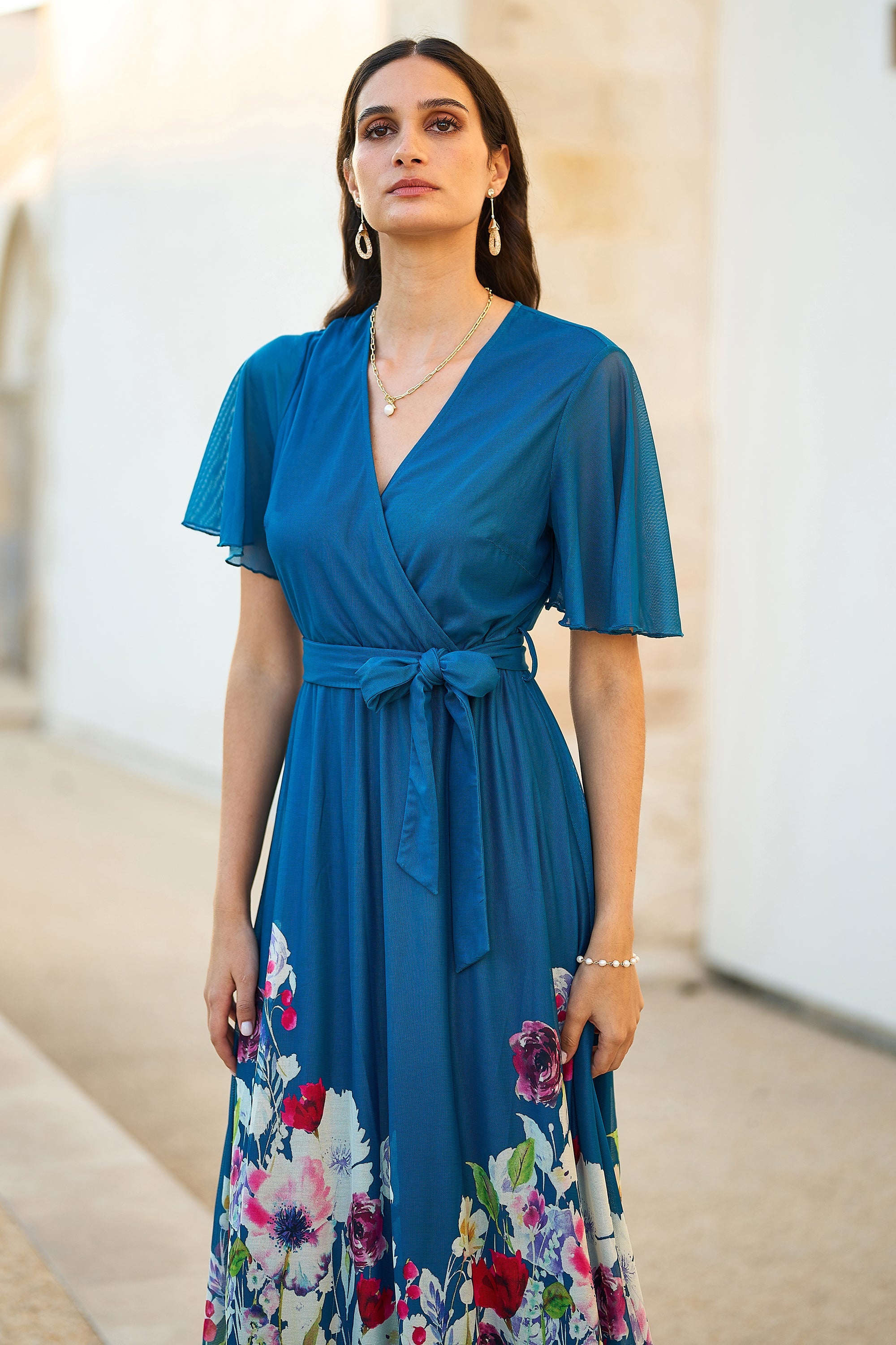 Yumi Teal Mesh Wrap Midi Dress with Floral Hem Border