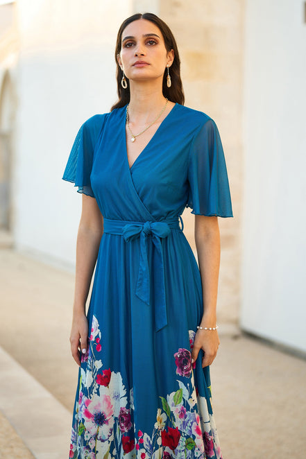 Yumi Teal Mesh Wrap Midi Dress with Floral Hem Border