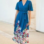 Yumi Teal Mesh Wrap Midi Dress with Floral Hem Border