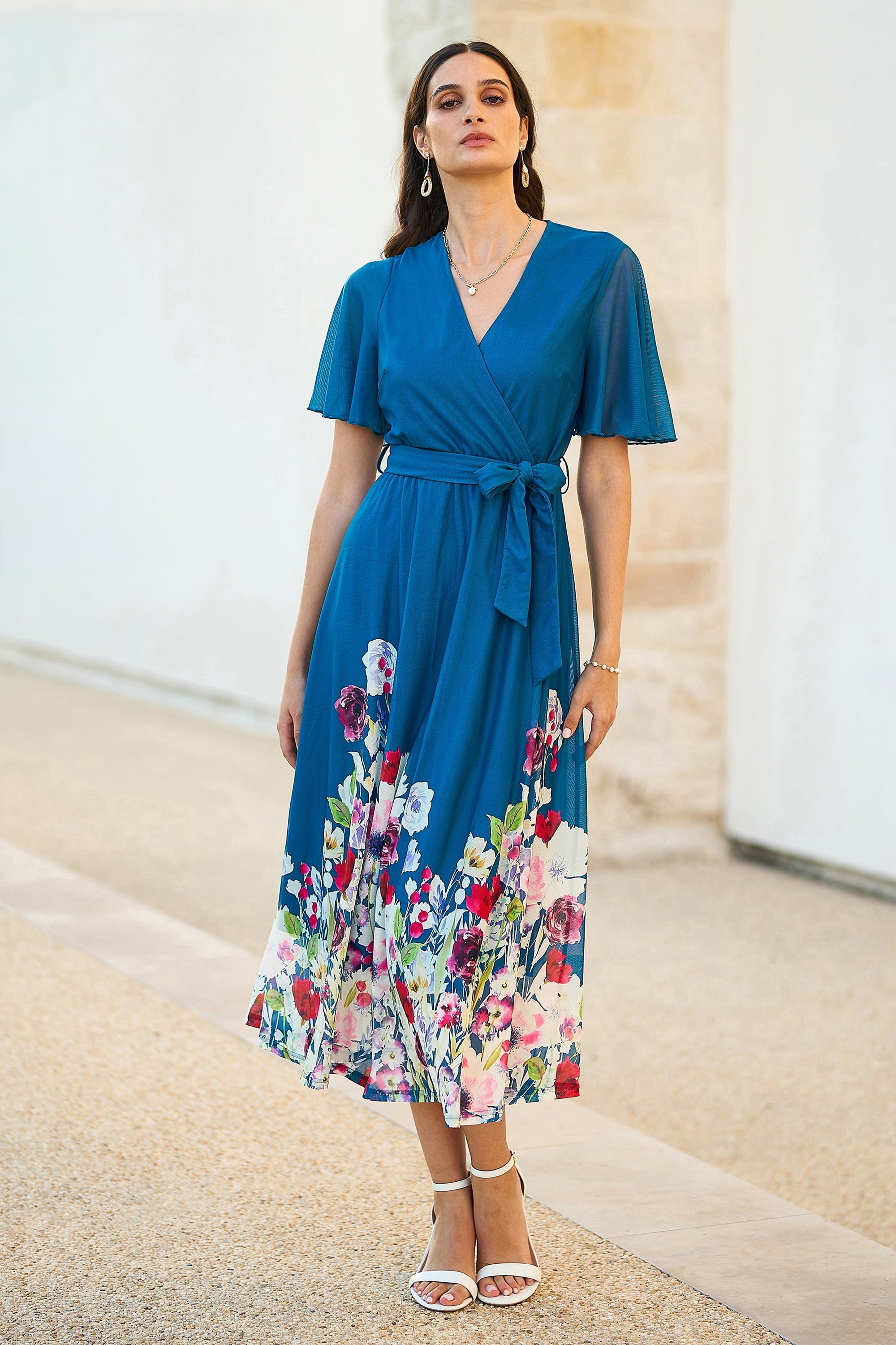 Yumi Teal Mesh Wrap Midi Dress with Floral Hem Border