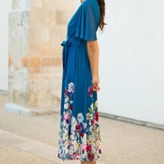 Yumi Teal Mesh Wrap Midi Dress with Floral Hem Border