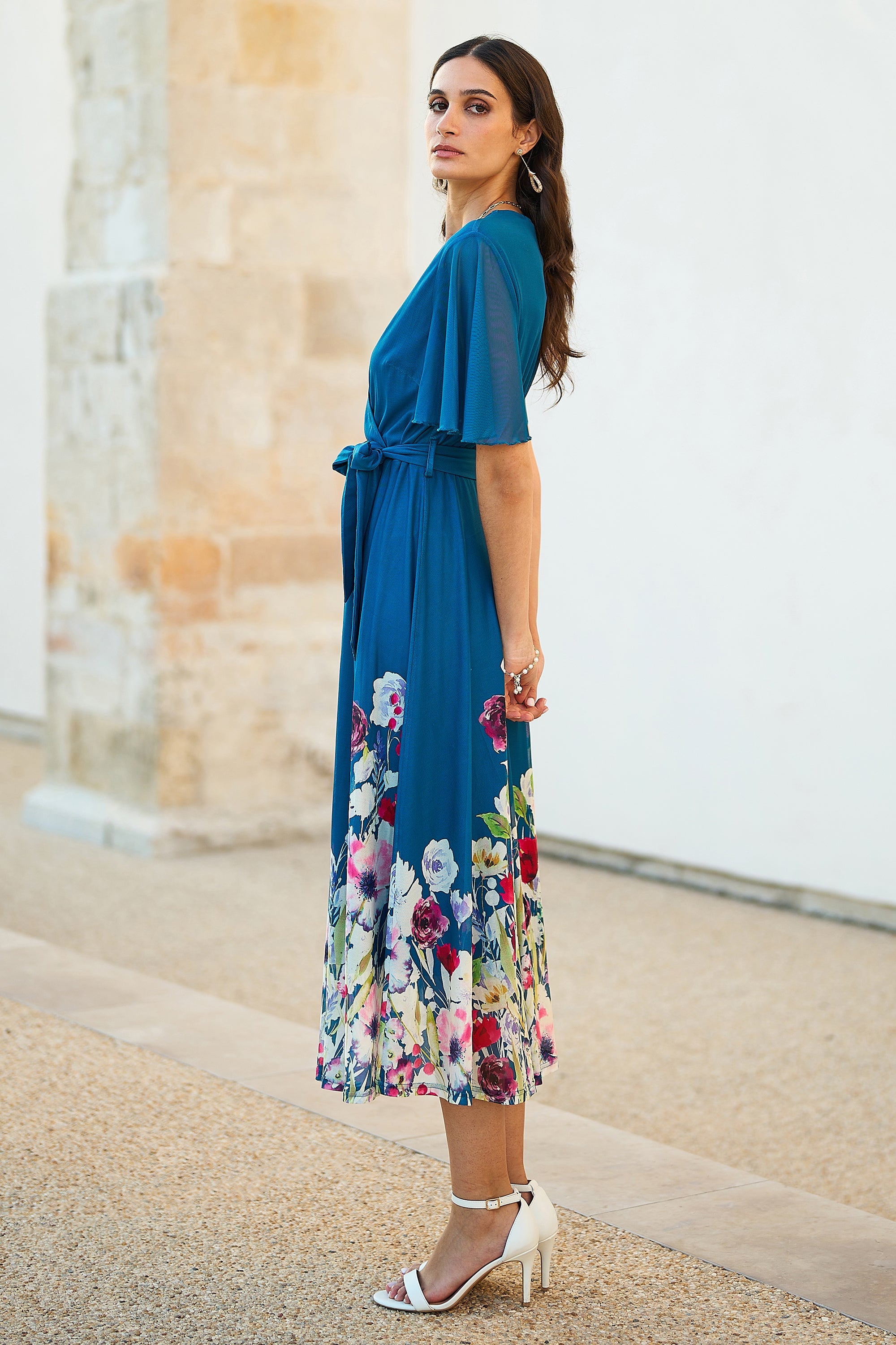Yumi Teal Mesh Wrap Midi Dress with Floral Hem Border