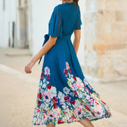 Yumi Teal Mesh Wrap Midi Dress with Floral Hem Border