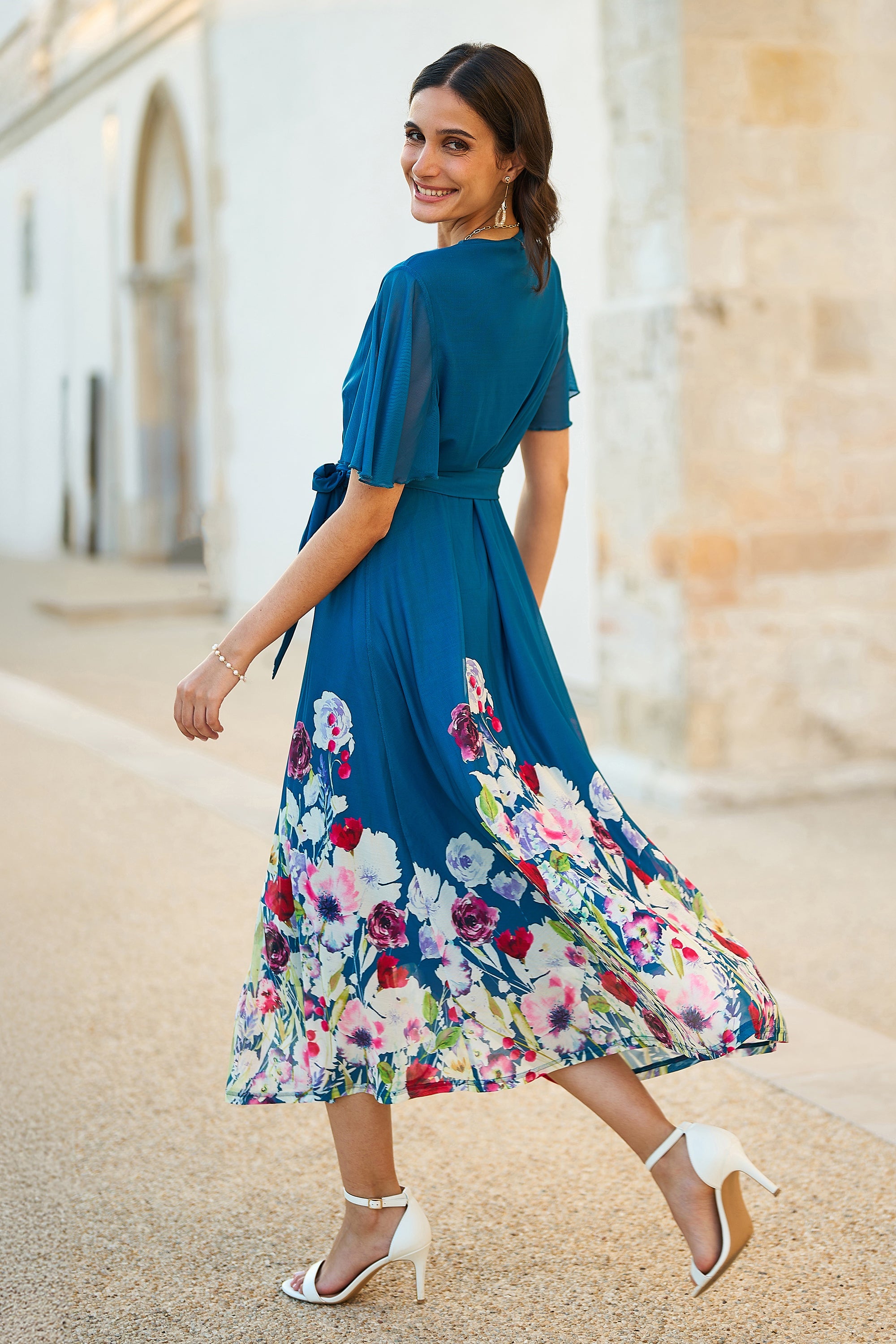 Yumi Teal Mesh Wrap Midi Dress with Floral Hem Border