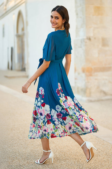 Yumi Teal Mesh Wrap Midi Dress with Floral Hem Border