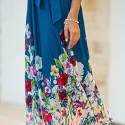 Yumi Teal Mesh Wrap Midi Dress with Floral Hem Border