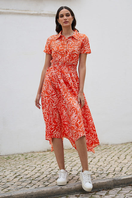 Yumi Coral Tropical Leaf Print Midi Ruched Shirt Dress