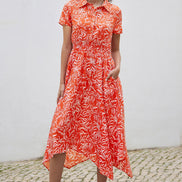 Yumi Coral Tropical Leaf Print Midi Ruched Shirt Dress