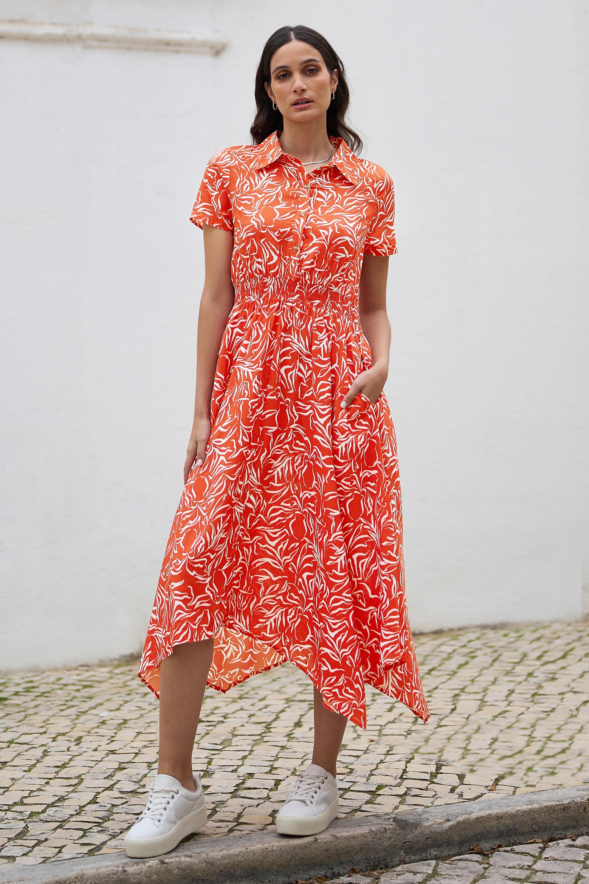 Yumi Coral Tropical Leaf Print Midi Ruched Shirt Dress