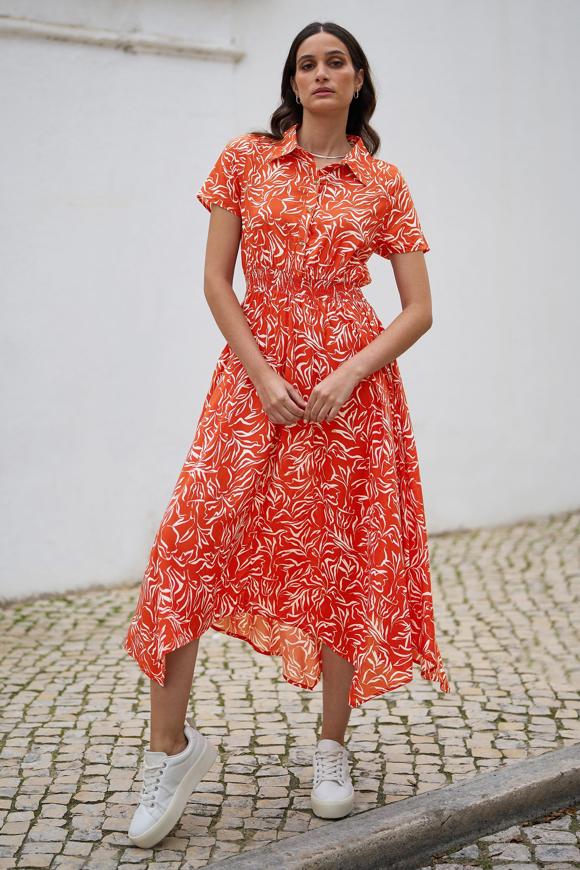 Yumi Coral Tropical Leaf Print Midi Ruched Shirt Dress