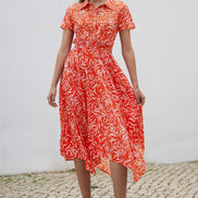 Yumi Coral Tropical Leaf Print Midi Ruched Shirt Dress