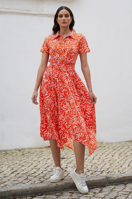 Yumi Coral Tropical Leaf Print Midi Ruched Shirt Dress