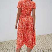 Yumi Coral Tropical Leaf Print Midi Ruched Shirt Dress