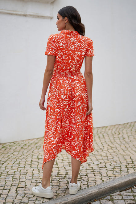 Yumi Coral Tropical Leaf Print Midi Ruched Shirt Dress