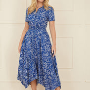 Yumi Blue Leaf Print Dip Hem Midi Shirt Dress