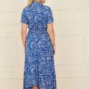 Yumi Blue Leaf Print Dip Hem Midi Shirt Dress