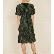 Yumi Black Dot Print Mesh Stretch Midi Skater Dress