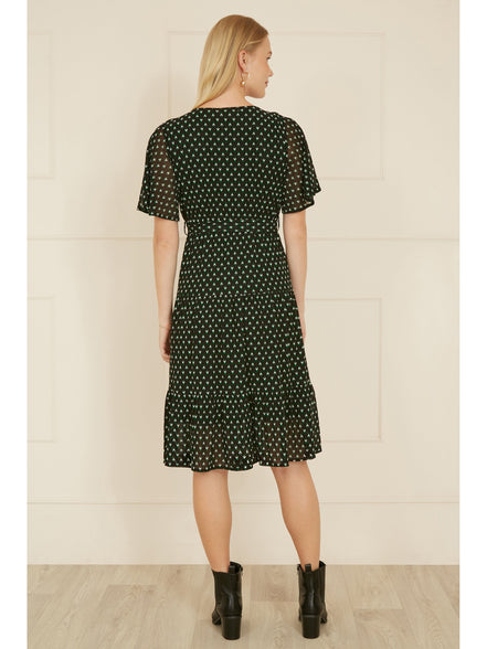 Yumi Black Dot Print Mesh Stretch Midi Skater Dress