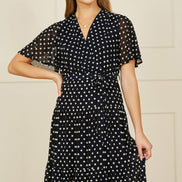 Yumi Navy Dot Print Mesh Stretch Midi Skater Dress