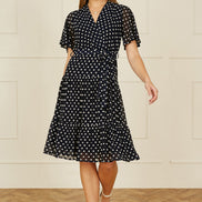 Yumi Navy Dot Print Mesh Stretch Midi Skater Dress