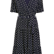 Yumi Navy Dot Print Mesh Stretch Midi Skater Dress