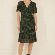Yumi Black Dot Print Mesh Stretch Midi Skater Dress