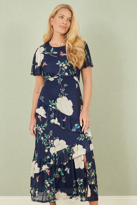 Yumi Navy Mesh Bird and Floral Print Midi Dress with Ruffles