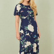 Yumi Navy Mesh Bird and Floral Print Midi Dress with Ruffles