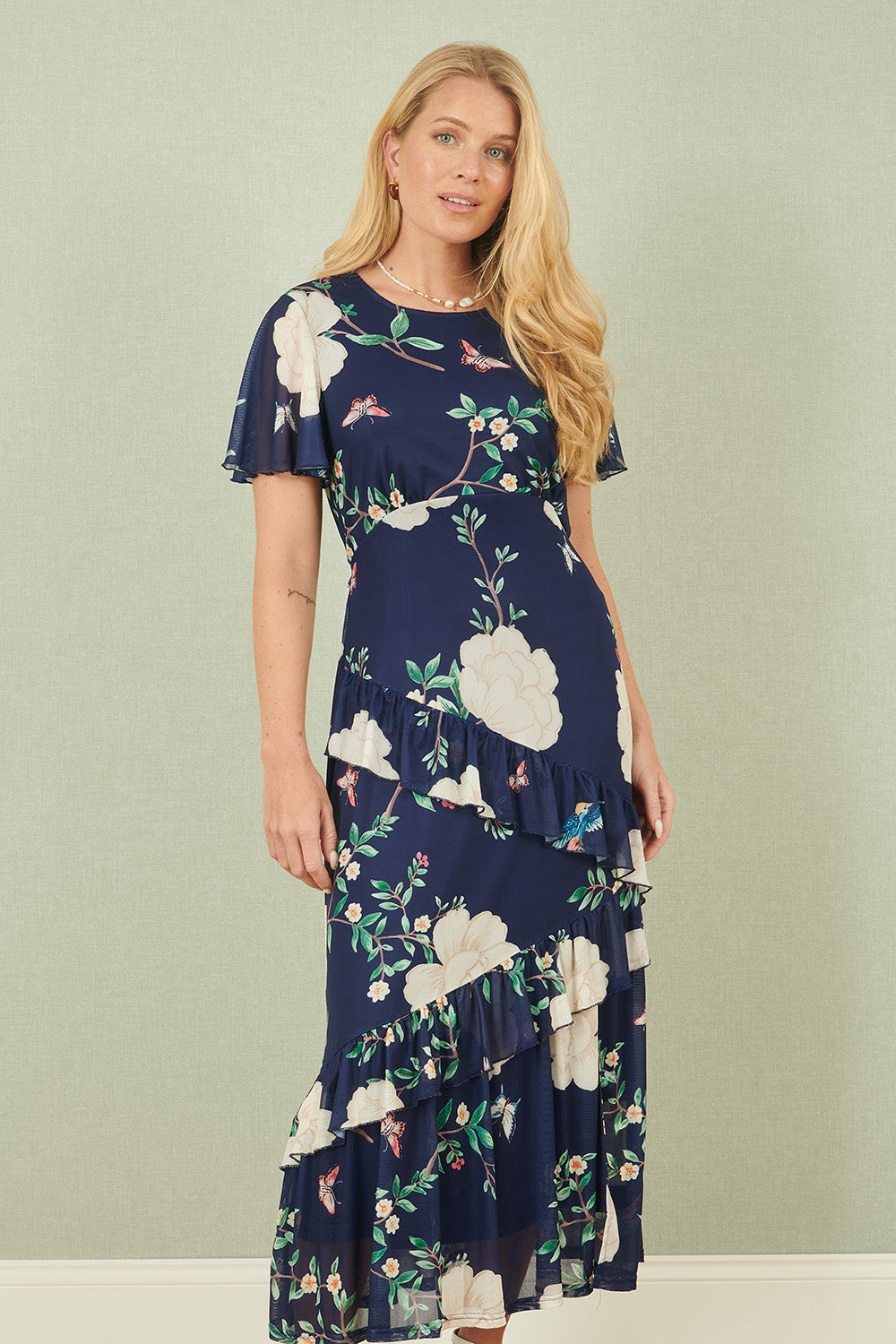 Yumi Navy Mesh Bird and Floral Print Midi Dress with Ruffles