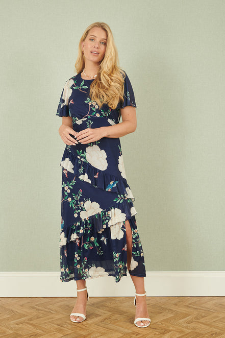 Yumi Navy Mesh Bird and Floral Print Midi Dress with Ruffles