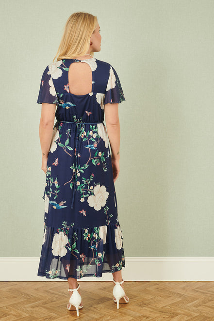 Yumi Navy Mesh Bird and Floral Print Midi Dress with Ruffles