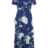 Yumi Navy Mesh Bird and Floral Print Midi Dress with Ruffles