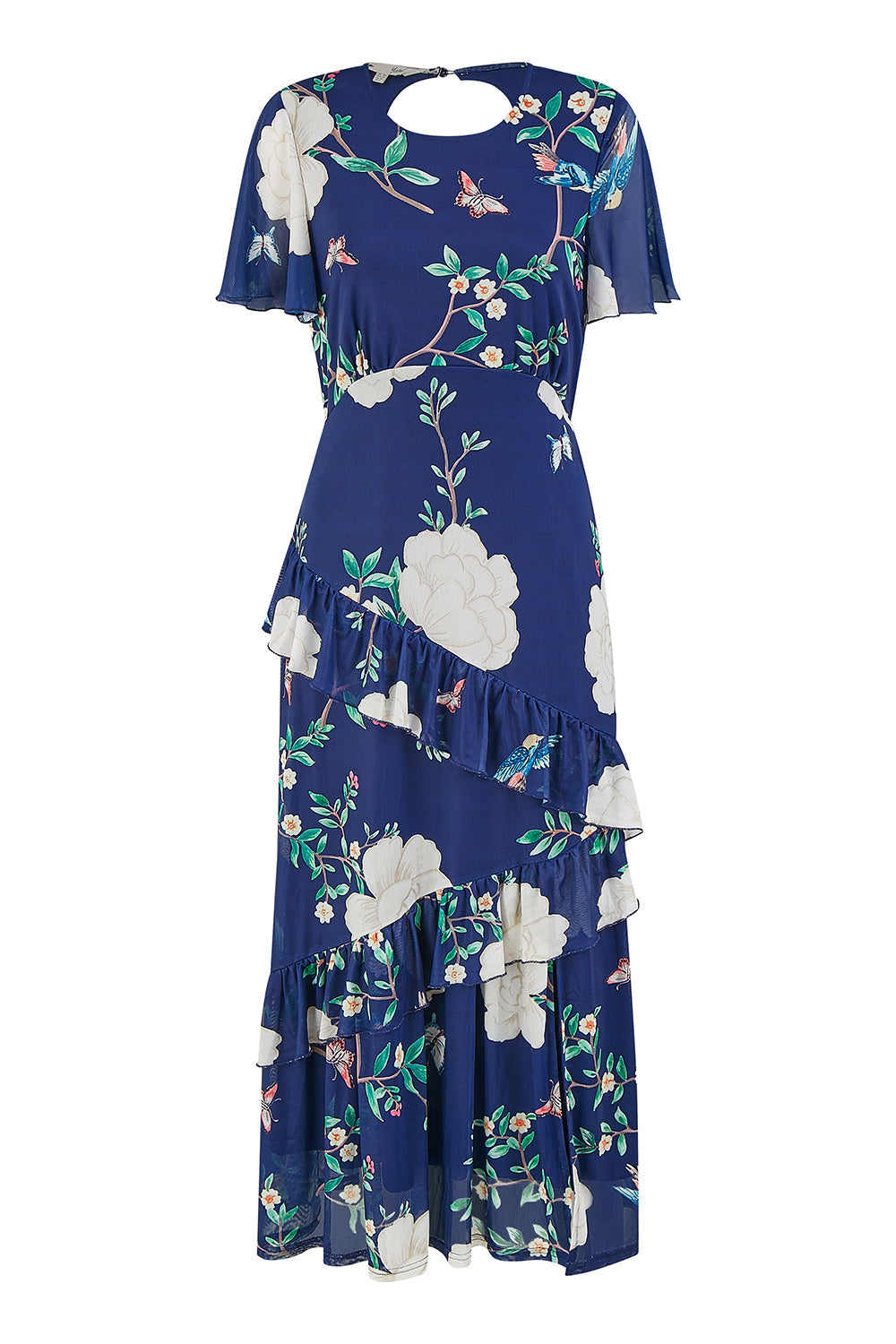 Yumi Navy Mesh Bird and Floral Print Midi Dress with Ruffles