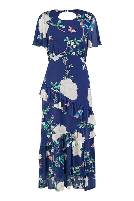 Yumi Navy Mesh Bird and Floral Print Midi Dress with Ruffles