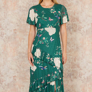 Yumi Green Mesh Bird and Floral Print Midi Dress with Ruffles