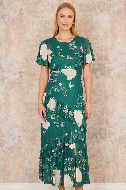 Yumi Green Mesh Bird and Floral Print Midi Dress with Ruffles