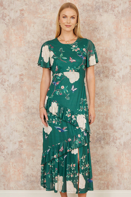 Yumi Green Mesh Bird and Floral Print Midi Dress with Ruffles
