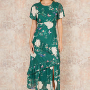 Yumi Green Mesh Bird and Floral Print Midi Dress with Ruffles