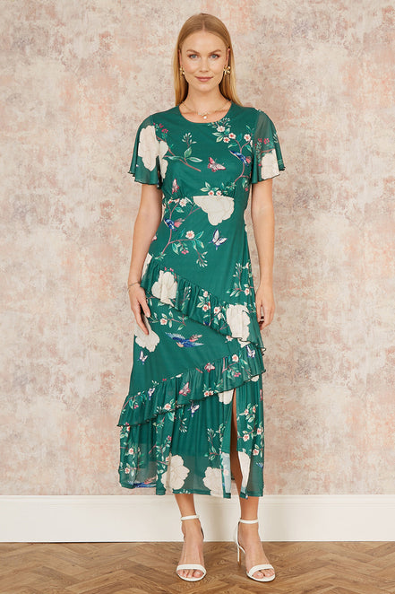 Yumi Green Mesh Bird and Floral Print Midi Dress with Ruffles