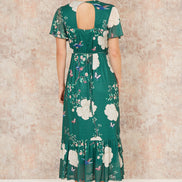 Yumi Green Mesh Bird and Floral Print Midi Dress with Ruffles