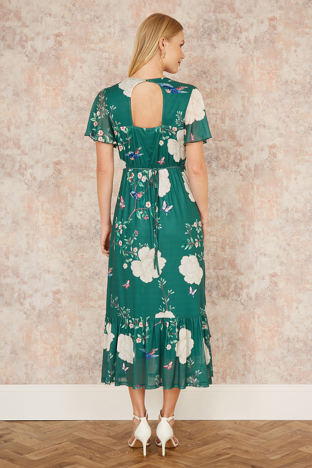 Yumi Green Mesh Bird and Floral Print Midi Dress with Ruffles