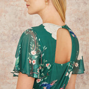 Yumi Green Mesh Bird and Floral Print Midi Dress with Ruffles