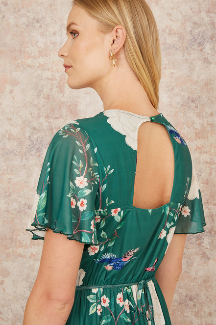 Yumi Green Mesh Bird and Floral Print Midi Dress with Ruffles