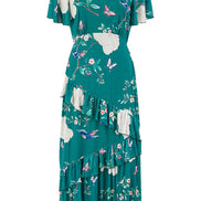 Yumi Green Mesh Bird and Floral Print Midi Dress with Ruffles