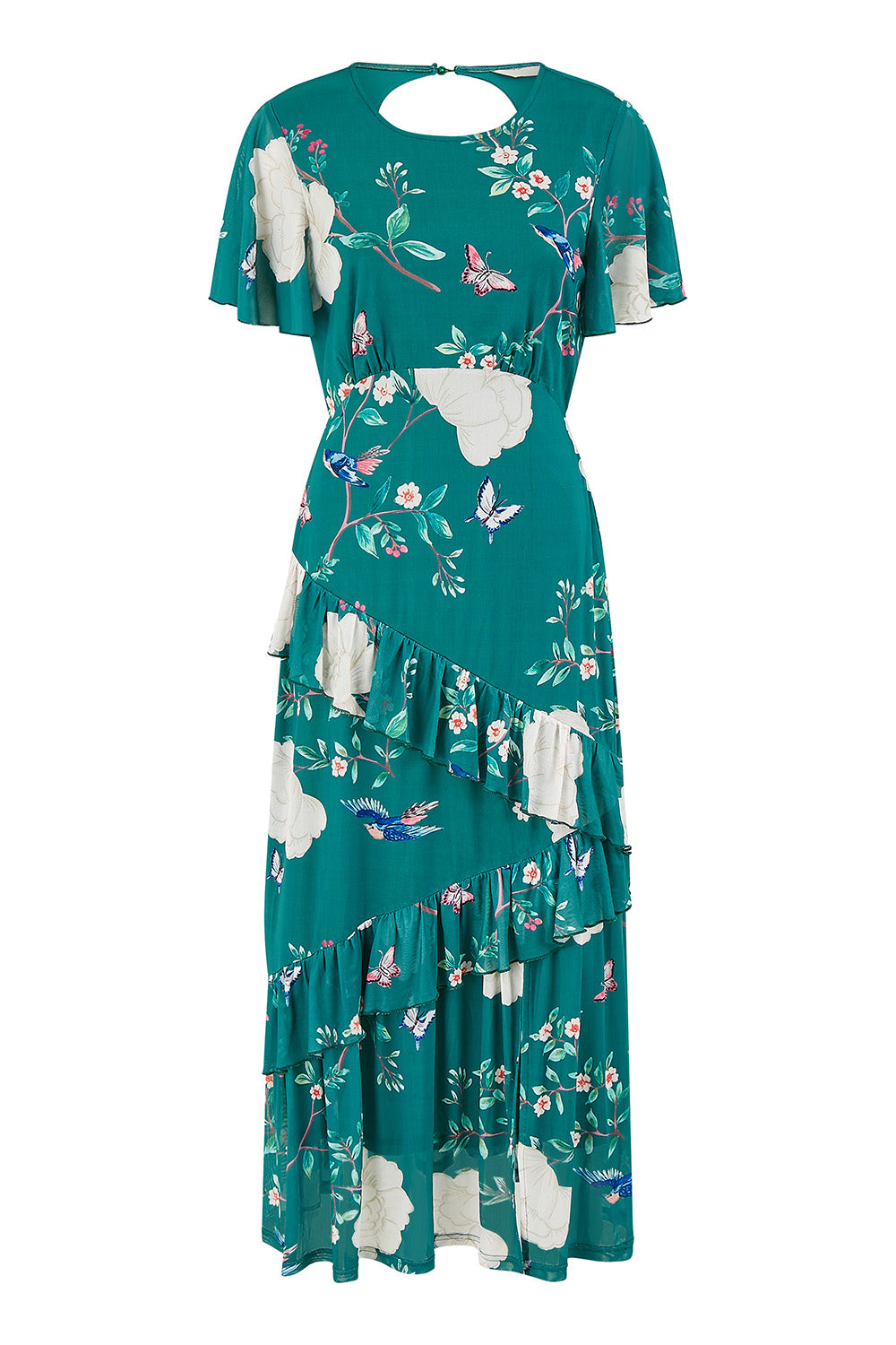 Yumi Green Mesh Bird and Floral Print Midi Dress with Ruffles