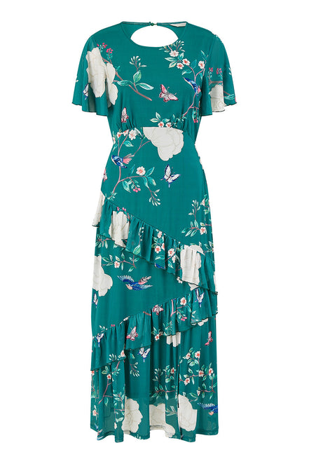 Yumi Green Mesh Bird and Floral Print Midi Dress with Ruffles